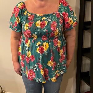 Torrid Teal Floral Smocked Blouse